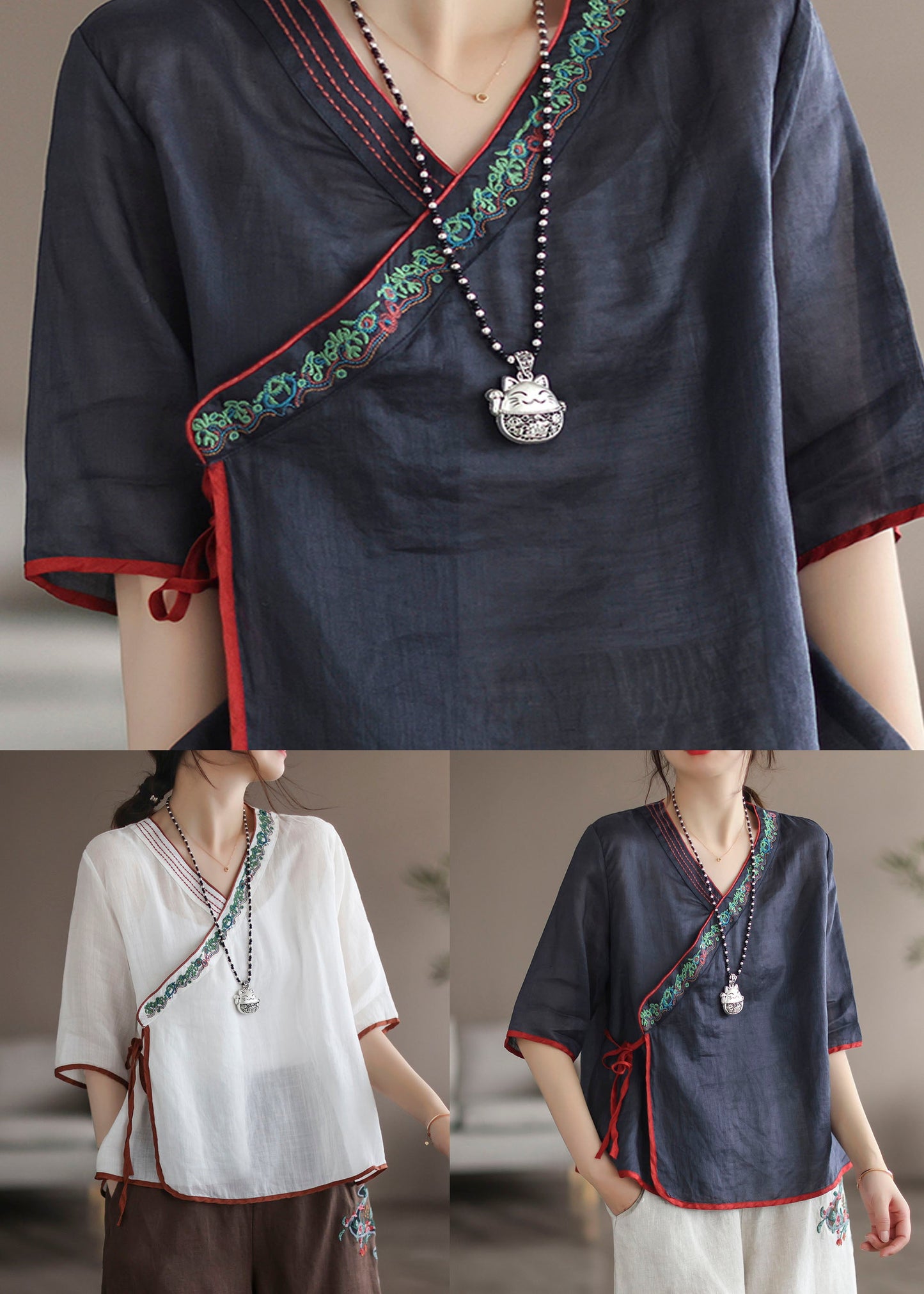 Unique Navy V Neck Embroidered Patchwork Linen Shirt Tops Summer