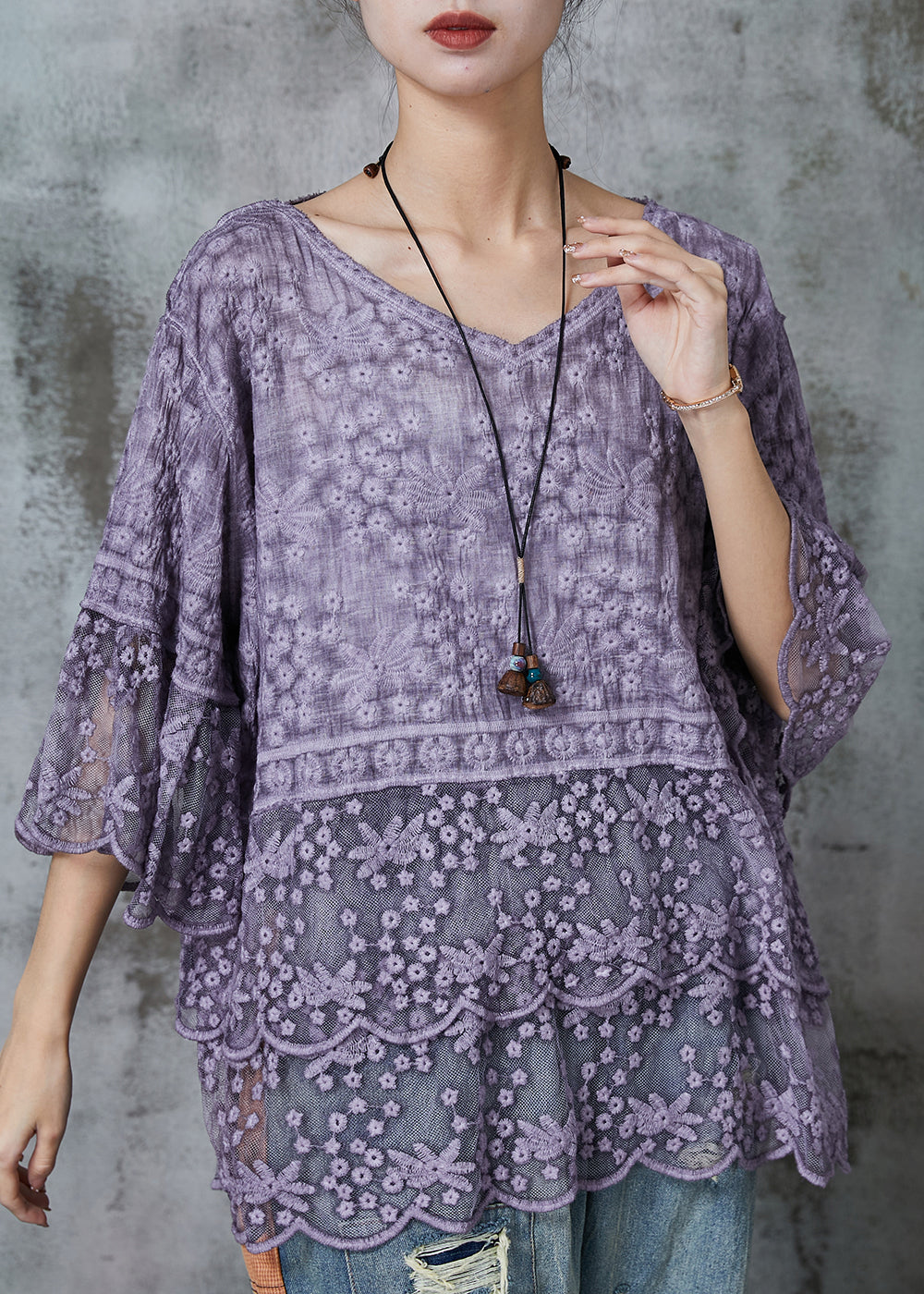 Unique Purple Embroidered Lace Tops Half Flare Sleeve