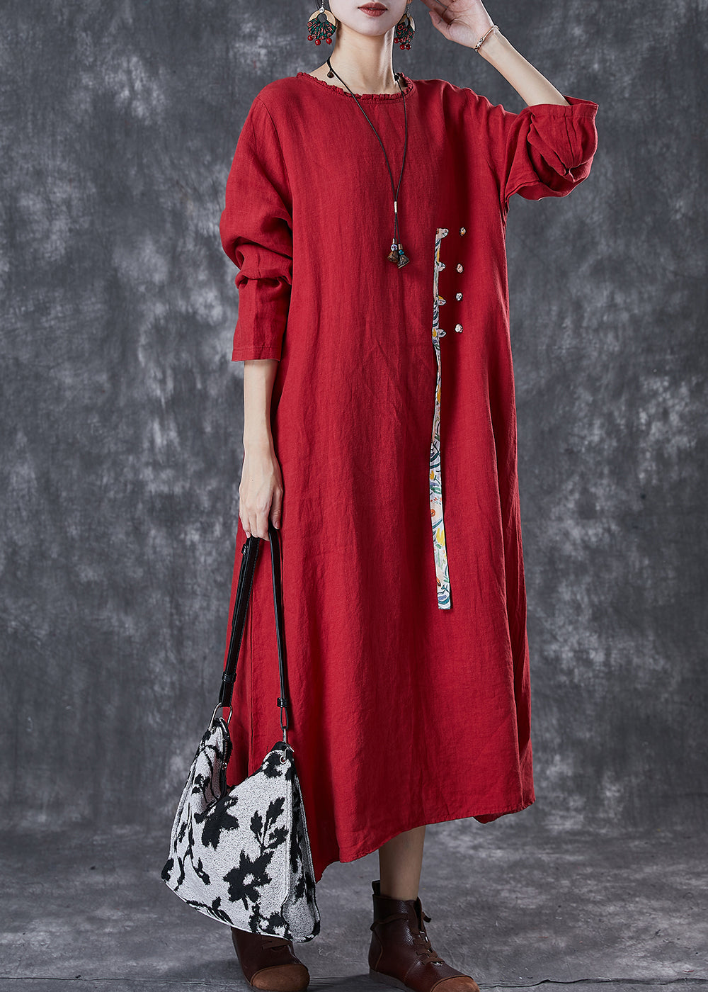 Unique Red Oversized Patchwork Chinese Button Linen Long Dress Spring