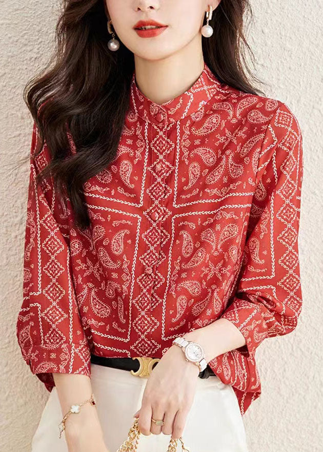 Unique Red Stand Collar Print Patchwork Silk Top Bracelet Sleeve