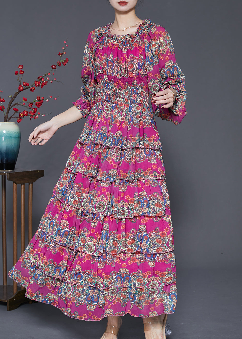 Unique Rose Elastic Waist Print Cotton Maxi Dresses Spring