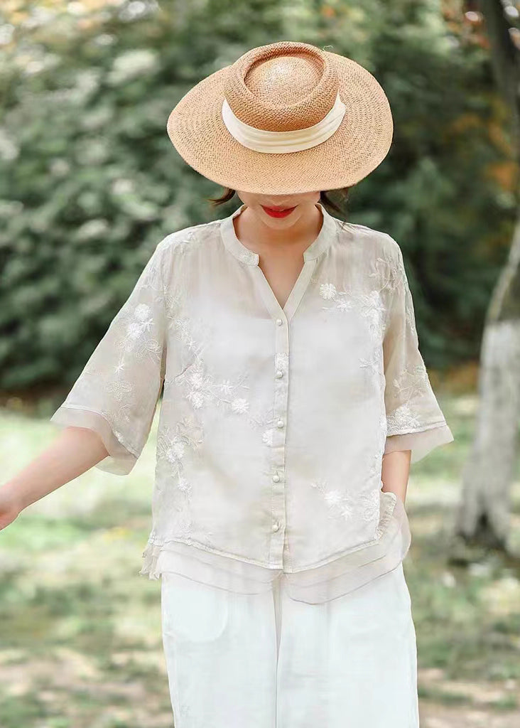 Unique White Embroidered Patchwork Linen Blouse Top Summer