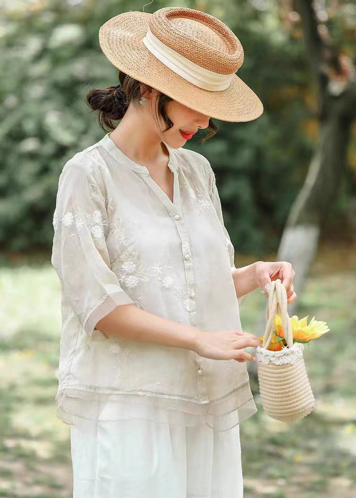 Unique White Embroidered Patchwork Linen Blouse Top Summer