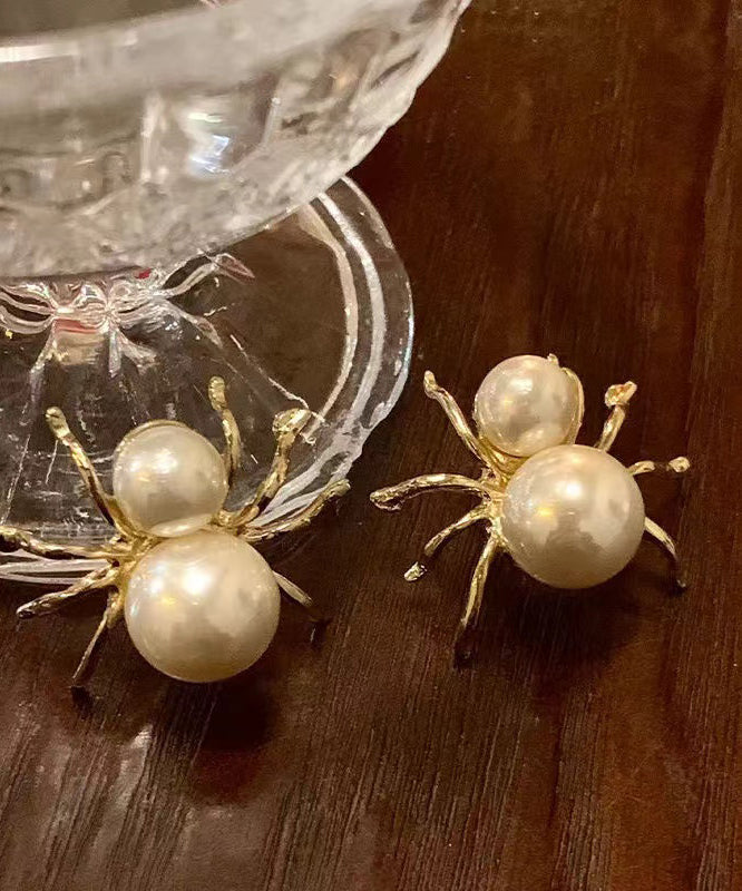 Unique White Sterling Silver Alloy Pearl Spider Stud Earrings