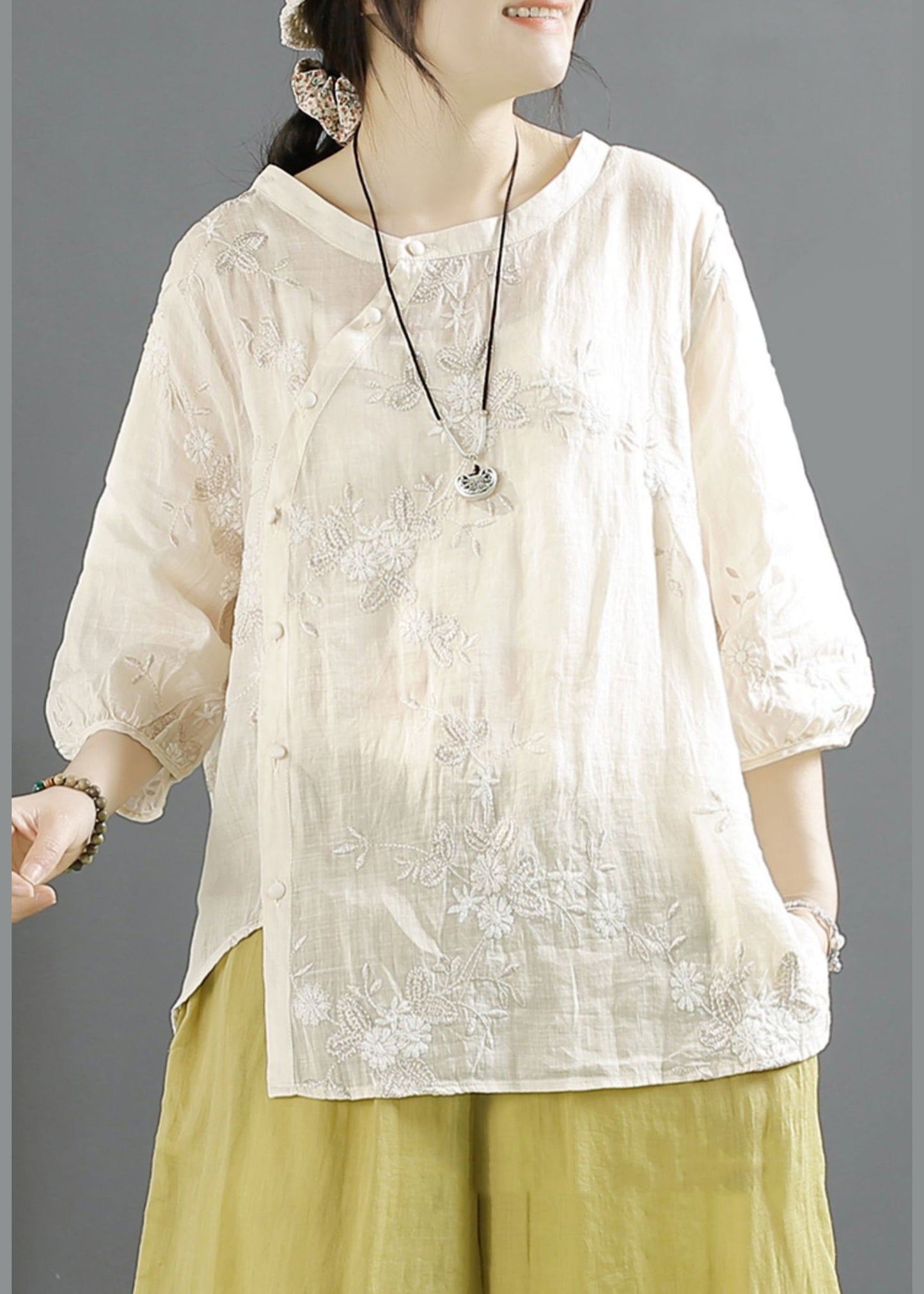 Vintage Beige Embroidered Button Linen Shirt Top Fall