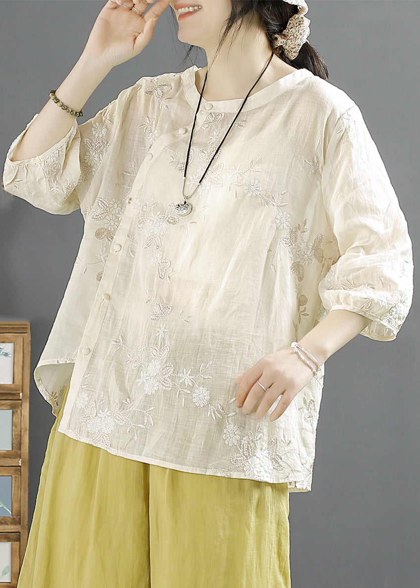 Vintage Beige Embroidered Button Linen Shirt Top Fall