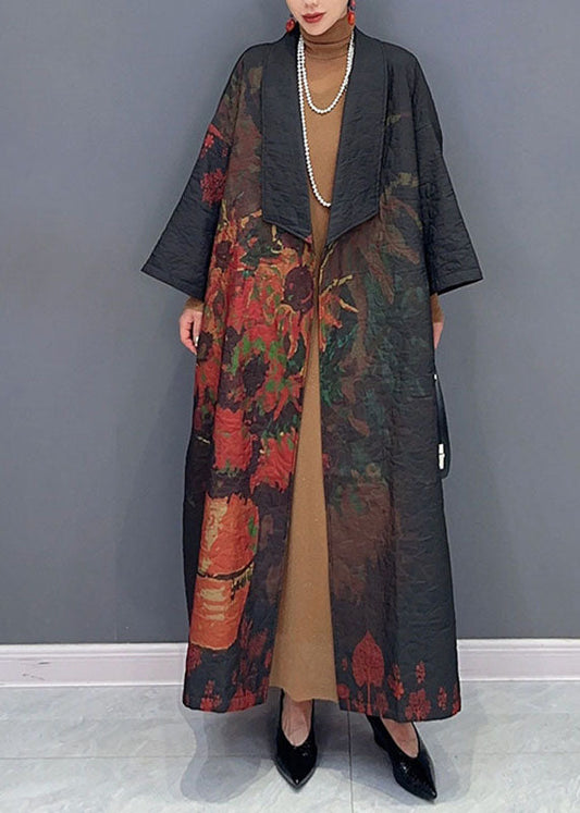 Vintage Black Asymmetrical Print Long Trench Coats Long Sleeve