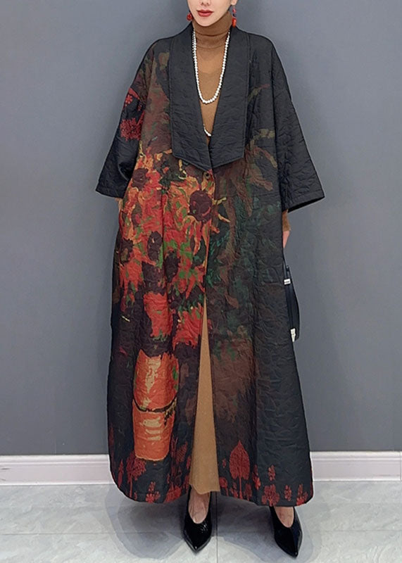 Vintage Black Asymmetrical Print Long Trench Coats Long Sleeve