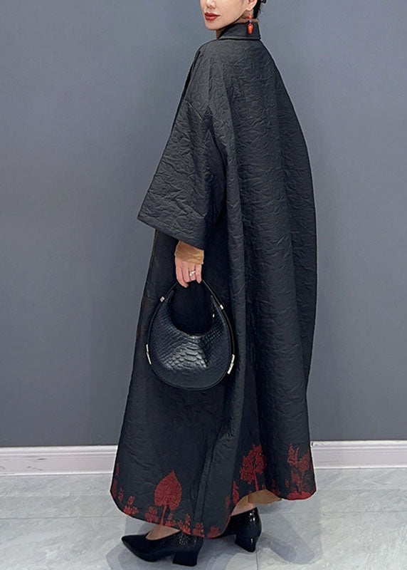 Vintage Black Asymmetrical Print Long Trench Coats Long Sleeve