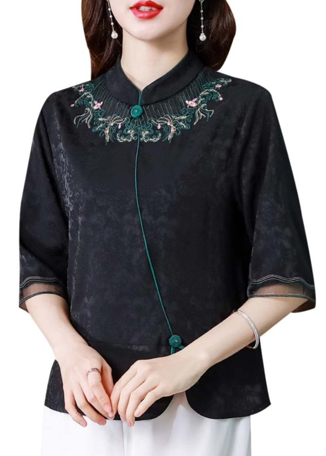 Vintage Black Stand Collar Embroidered Silk Blouse Top Summer