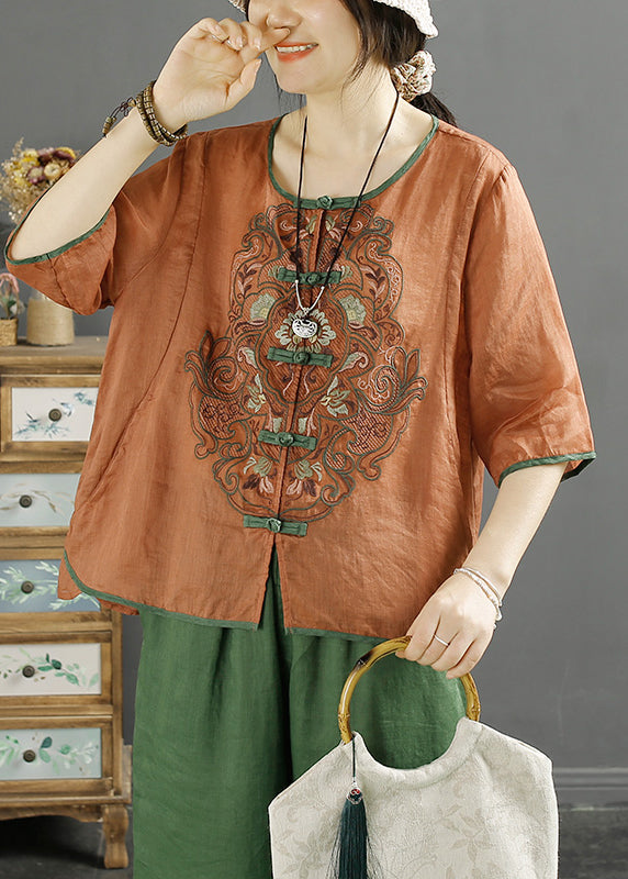 Vintage Green O-Neck Embroidered Linen Shirt Top Summer