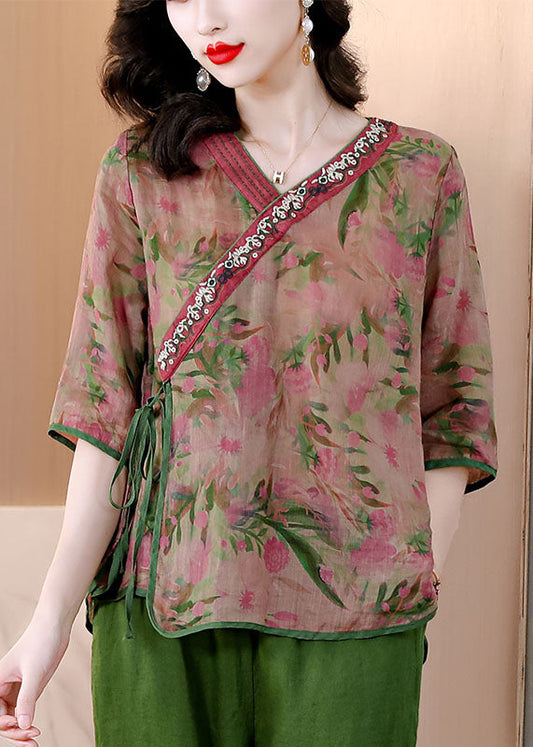 Vintage Green V Neck Print Lace Up Linen Tops Half Sleeve