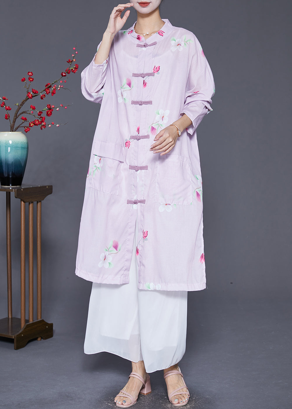 Vintage Light Purple Print Chinese Button Linen Shirt Dress Fall