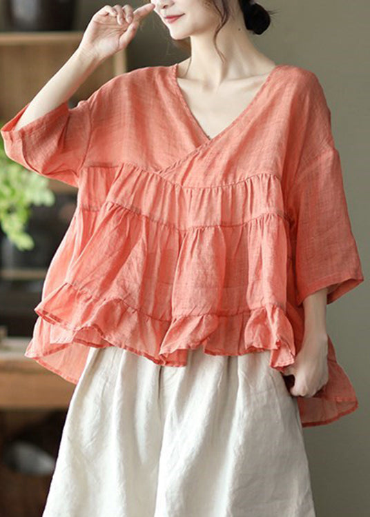 Hipts de chemise en lin lâche solide orange vintage Half manche