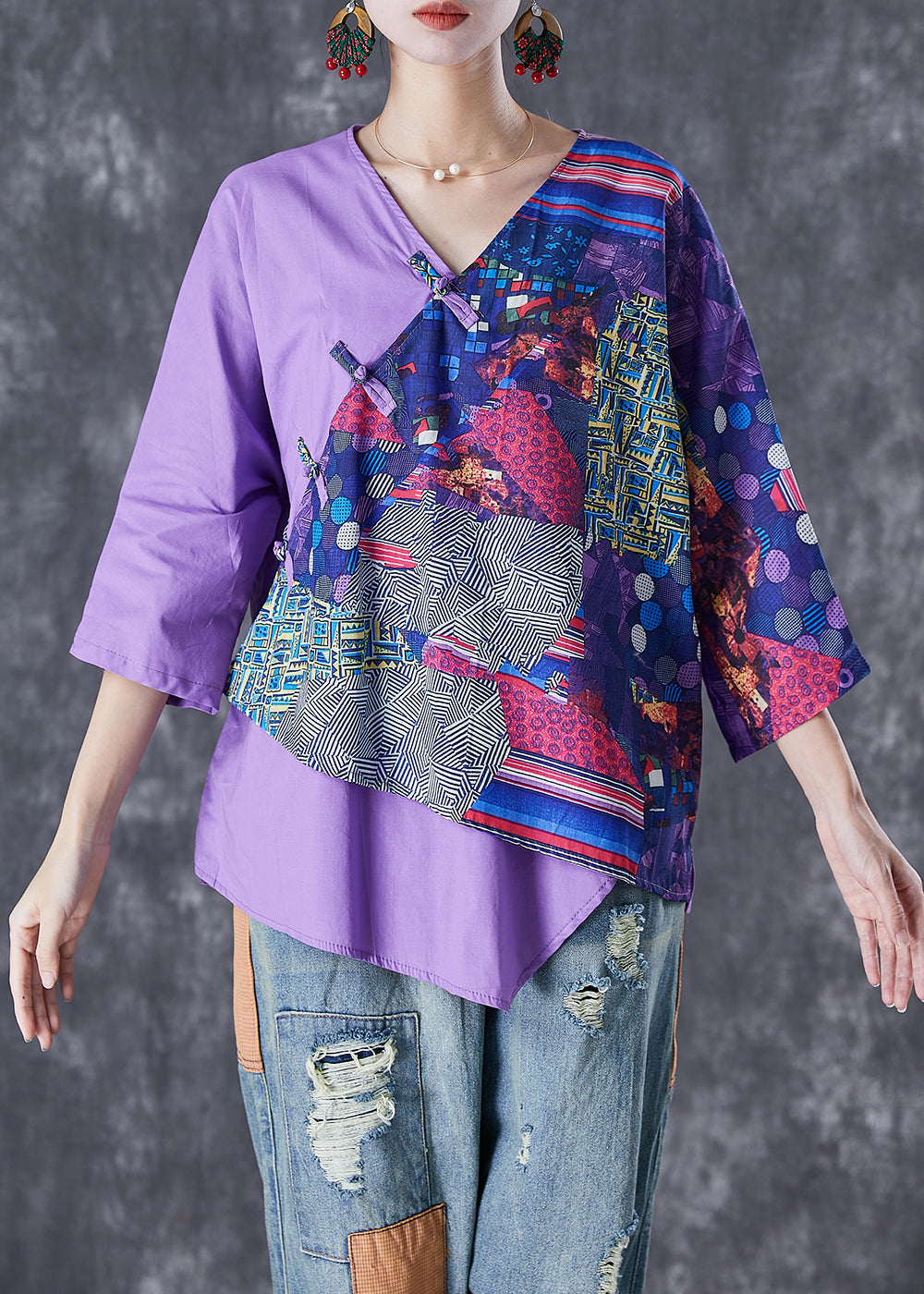 Vintage Purple Asymmetrical Print Linen Shirt Tops Summer