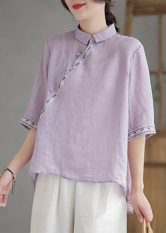 Vintage Purple Embroidered Linen Shirt Half Sleeve