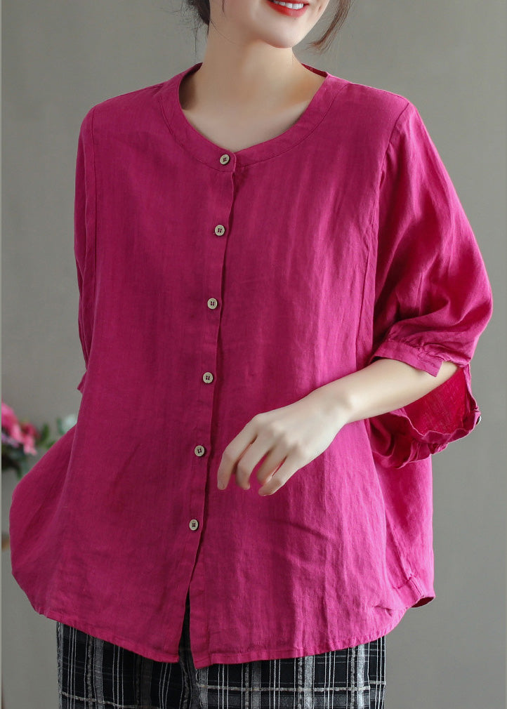 Vintage Rose O-Neck Button Low High Design Solid Linen Shirt Half Sleeve