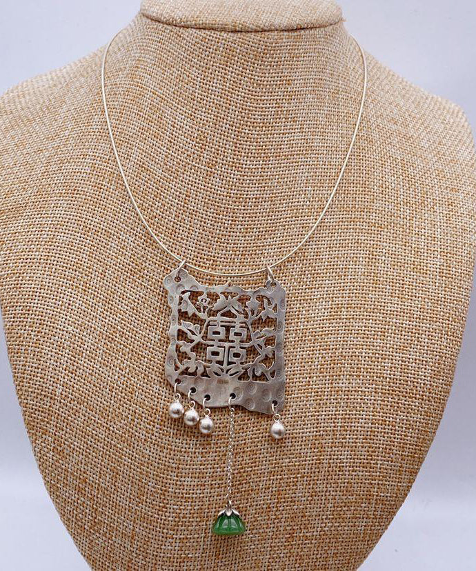 Vintage Silk Sterling Silver Jade Tassel Lariat Necklace