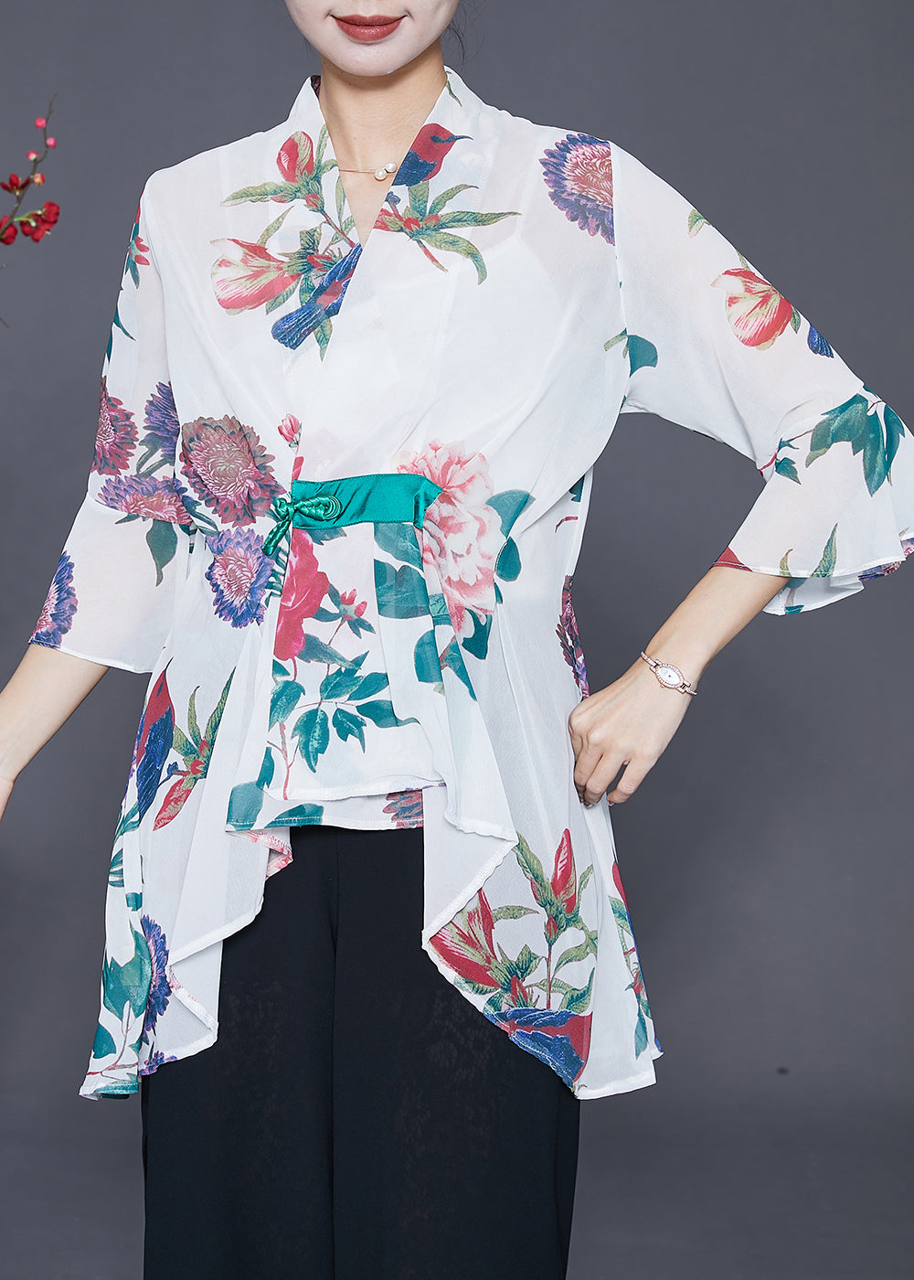 Vintage White Asymmetrical Print Chiffon Shirts Flare Sleeve