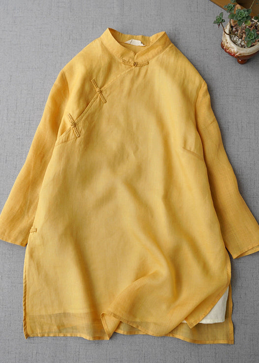 Vintage Yellow Stand Collar Chinese Button Linen Shirt Bracelet Sleeve