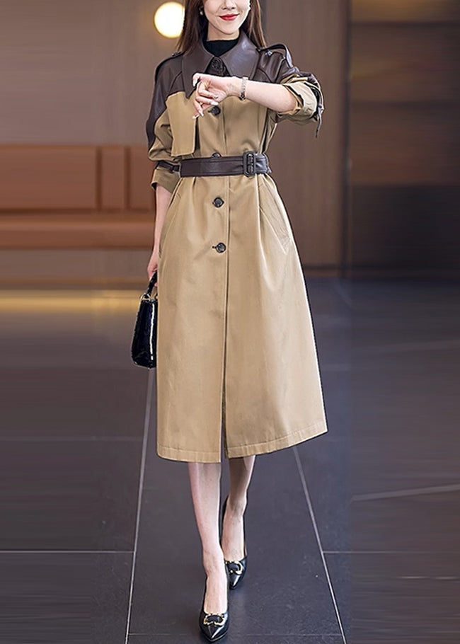 Vogue Khaki Peter Pan Collar Pockets Patchwork Button Sashes Trench Coat Spring