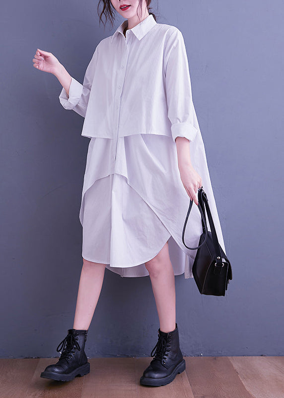 White Button Patchwork Cotton Shirts Dresses Asymmetrical Long Sleeve