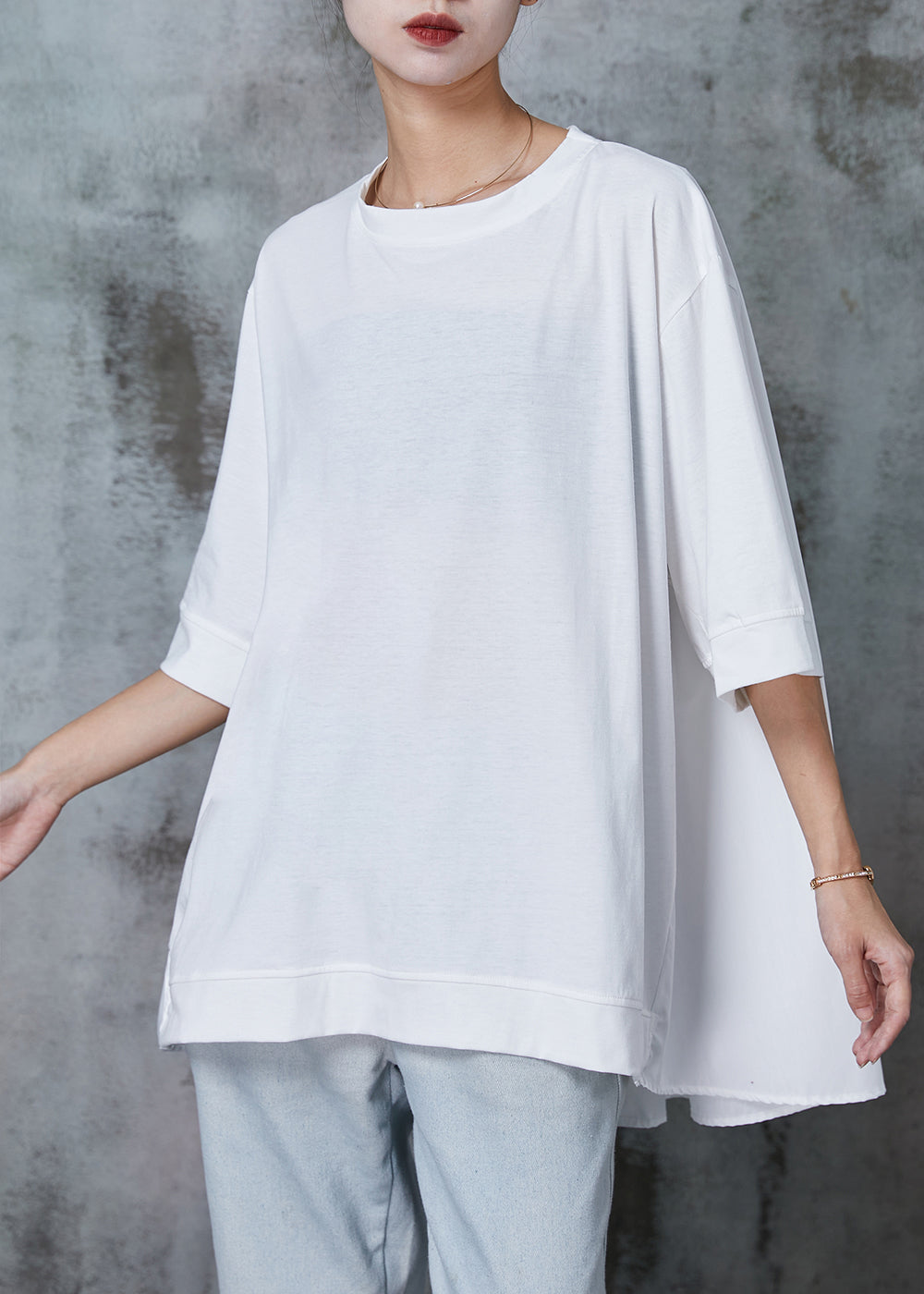 White Cotton Pullover Sweatshirt Oversized Half Sleeve