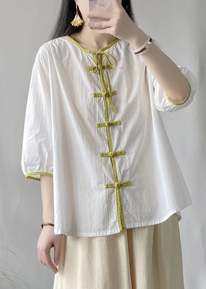 White Cotton Shirt Top O Neck Bracelet Chinese Button Sleeve