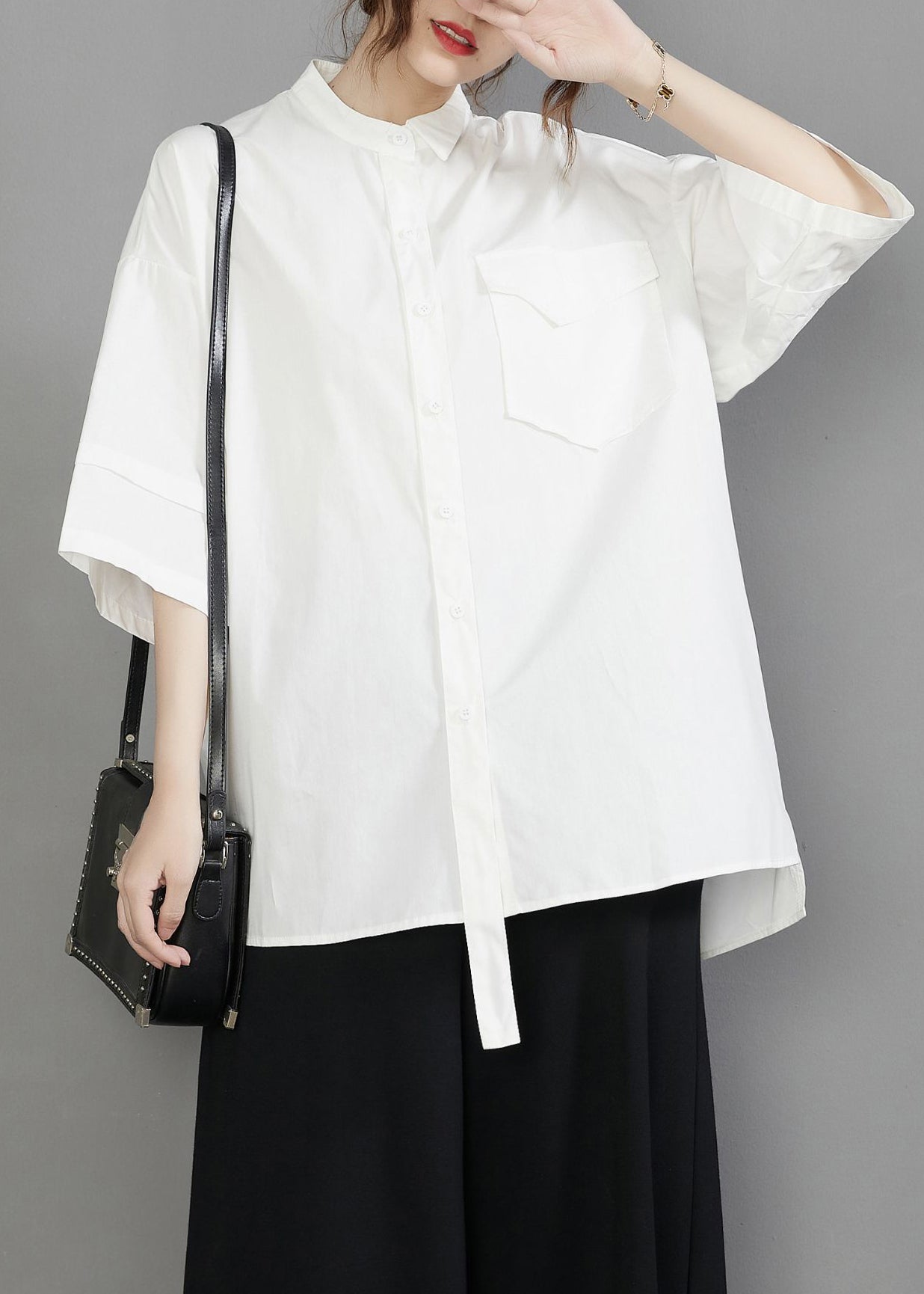 White Oversized Cotton Blouses Stand Collar Pocket Half Sleeve