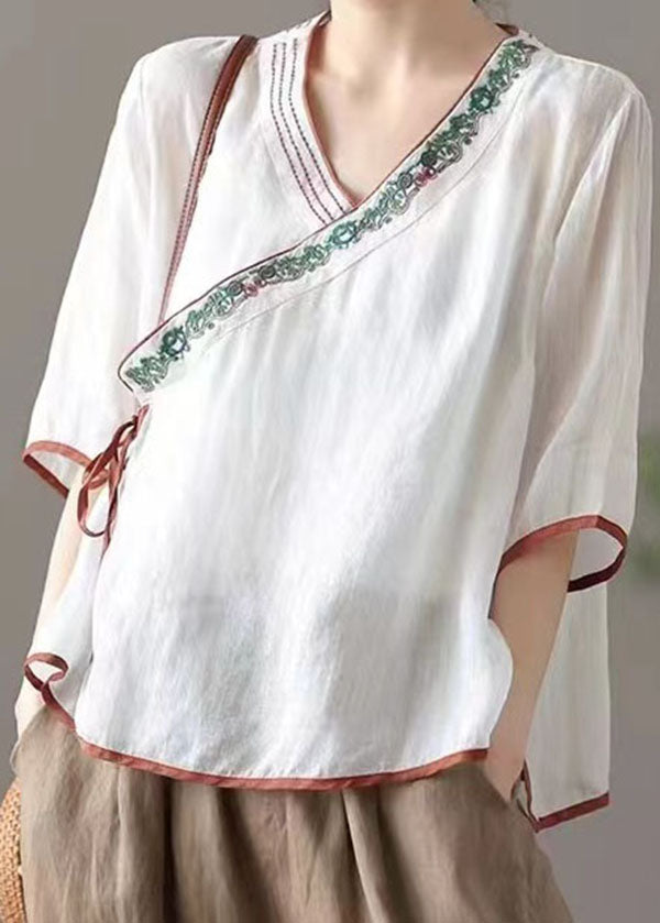 White Patchwork Linen Shirt Embroidered Lace Up Half Sleeve