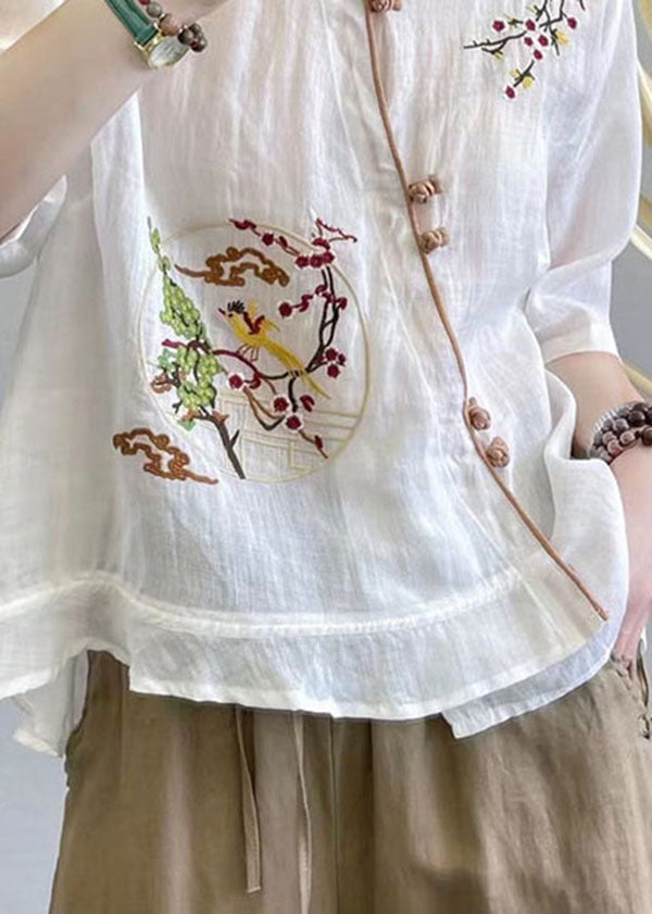 White Patchwork Linen Tops Embroidered Stand Collar Summer