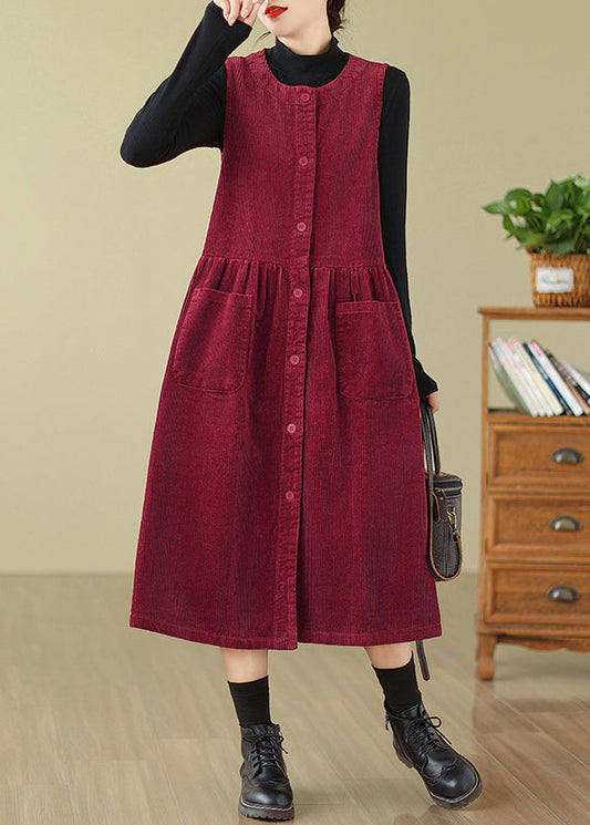 Wine Red Pockets Patchwork Corduroy Long Dresses O Neck Fall