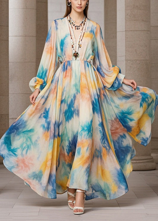 Women Beige Tie Dye Exra Large Hem Chiffon Maxi Dress Fall