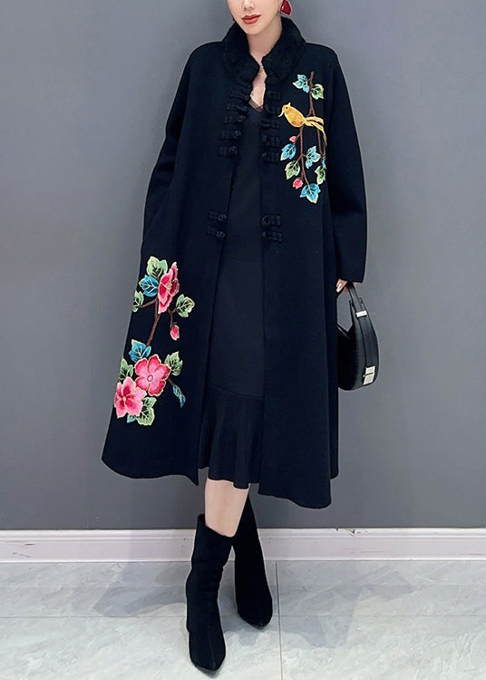 Women Black Button Print Patchwork Cotton Knit Coats Long Sleeve