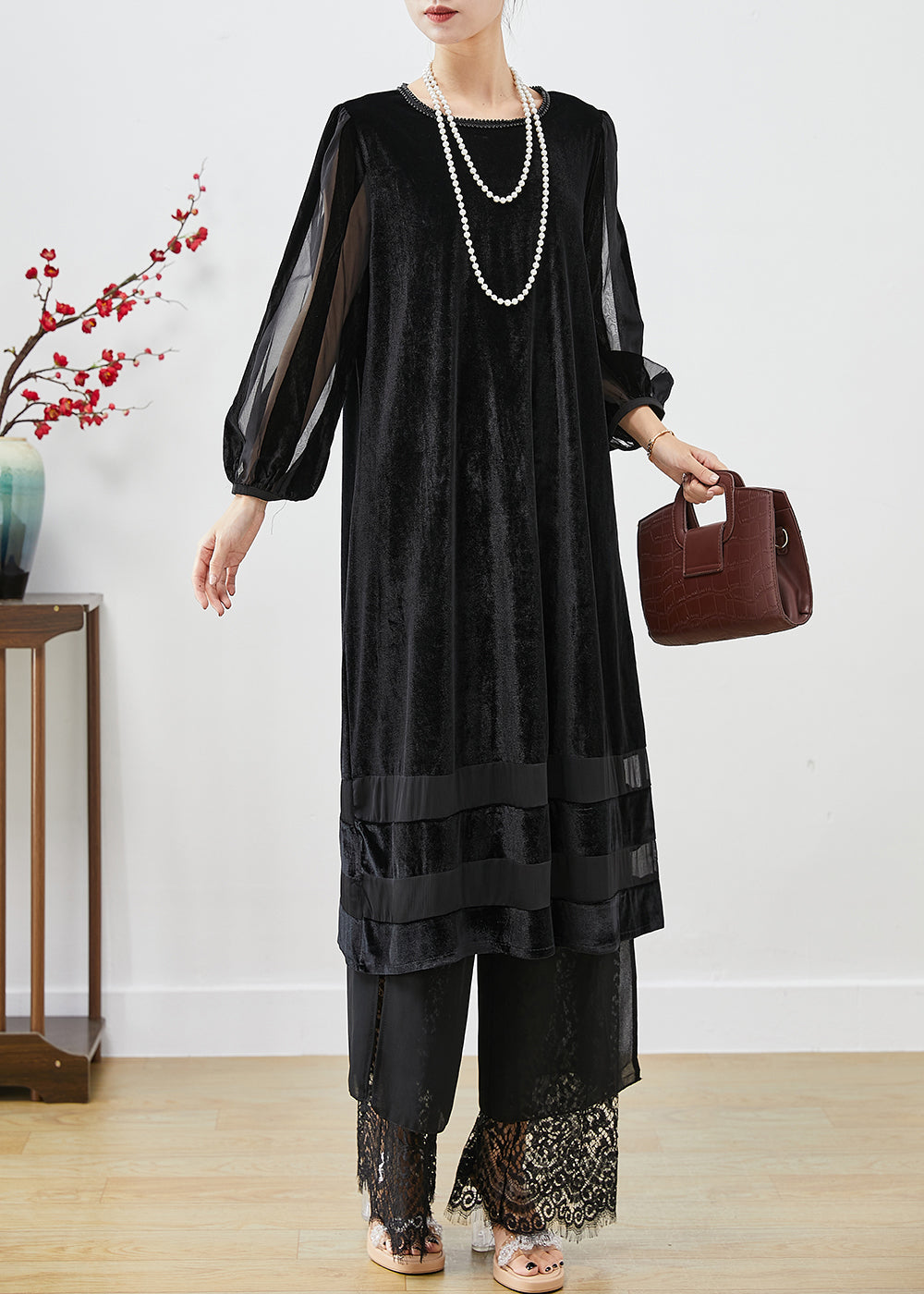 Women Black Hollow Out Patchwork Silk Velour Maxi Dresses Bracelet Sleeve