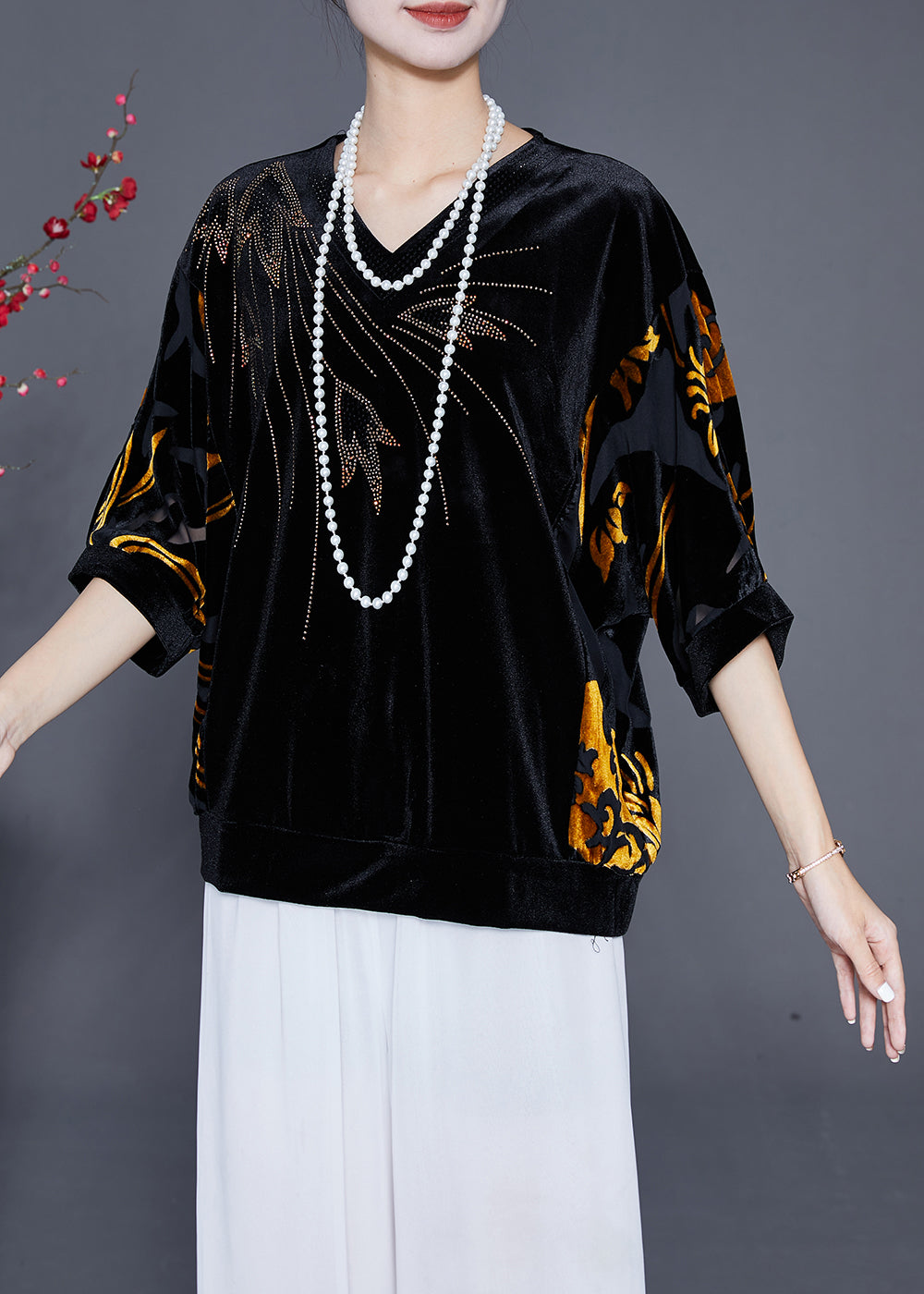 Women Black Hollow Out Zircon Silk Velour Shirt Top Half Sleeve