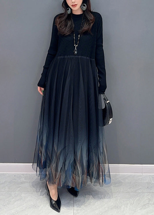 Women Black Knit Patchwork Tulle Dress Long Sleeve