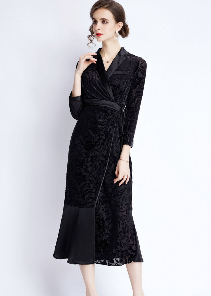 Women Black Notched Lace Up Jacquard Patchwork Silk Long Dresses Fall