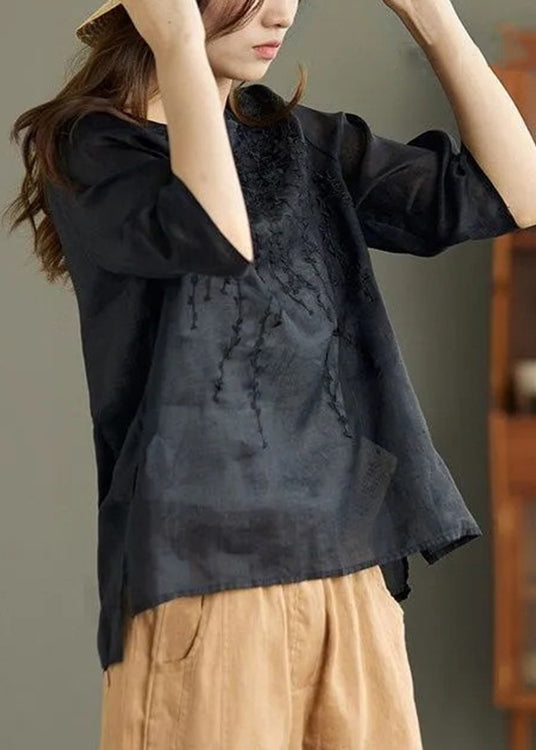 Women Black O Neck Embroidered Patchwork Linen T Shirt Summer