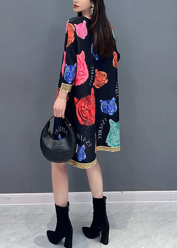 Women Black O Neck Print Cotton Mid Dress Spring