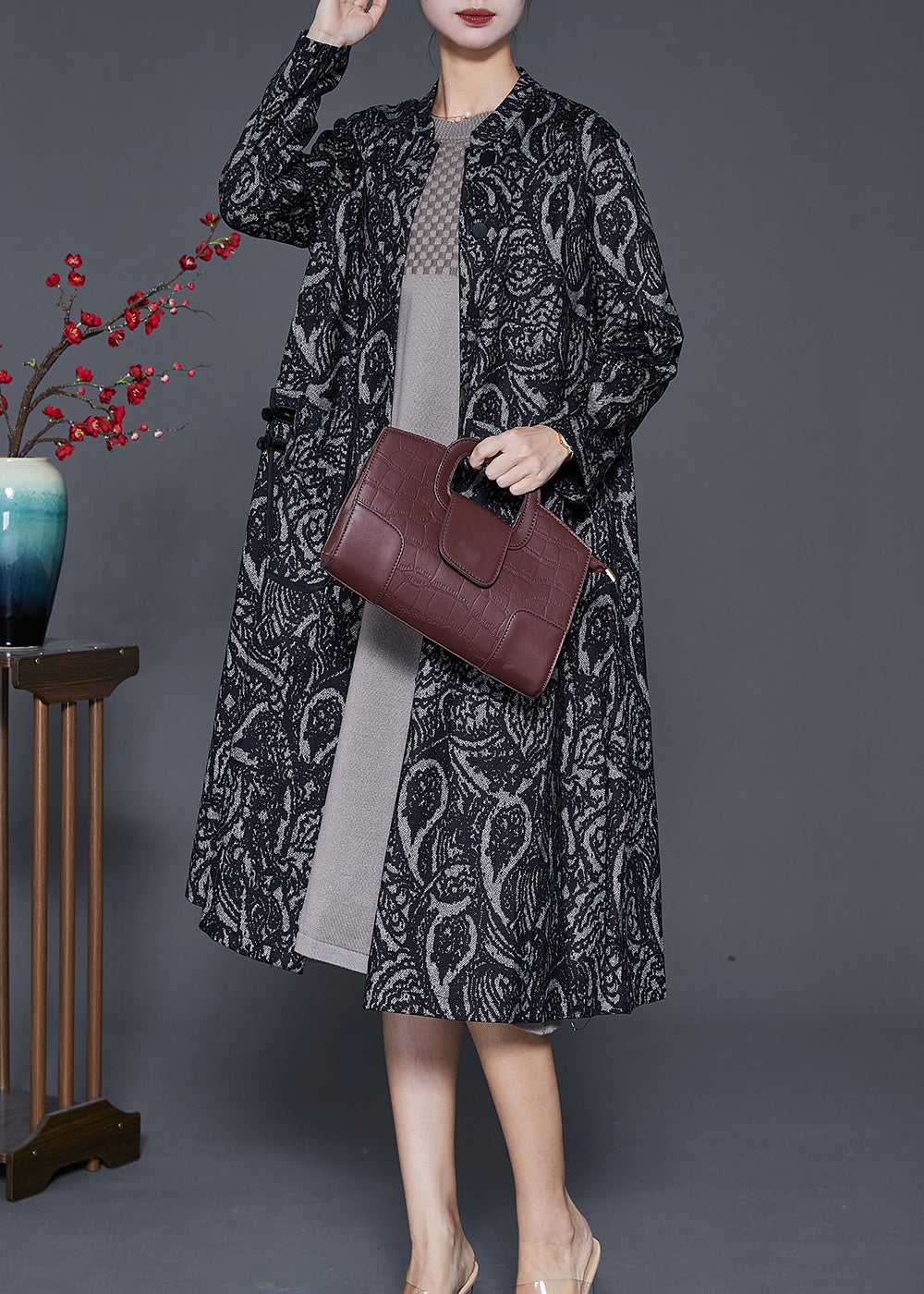 Women Black Oversized Print Cotton Trench Coats Fall