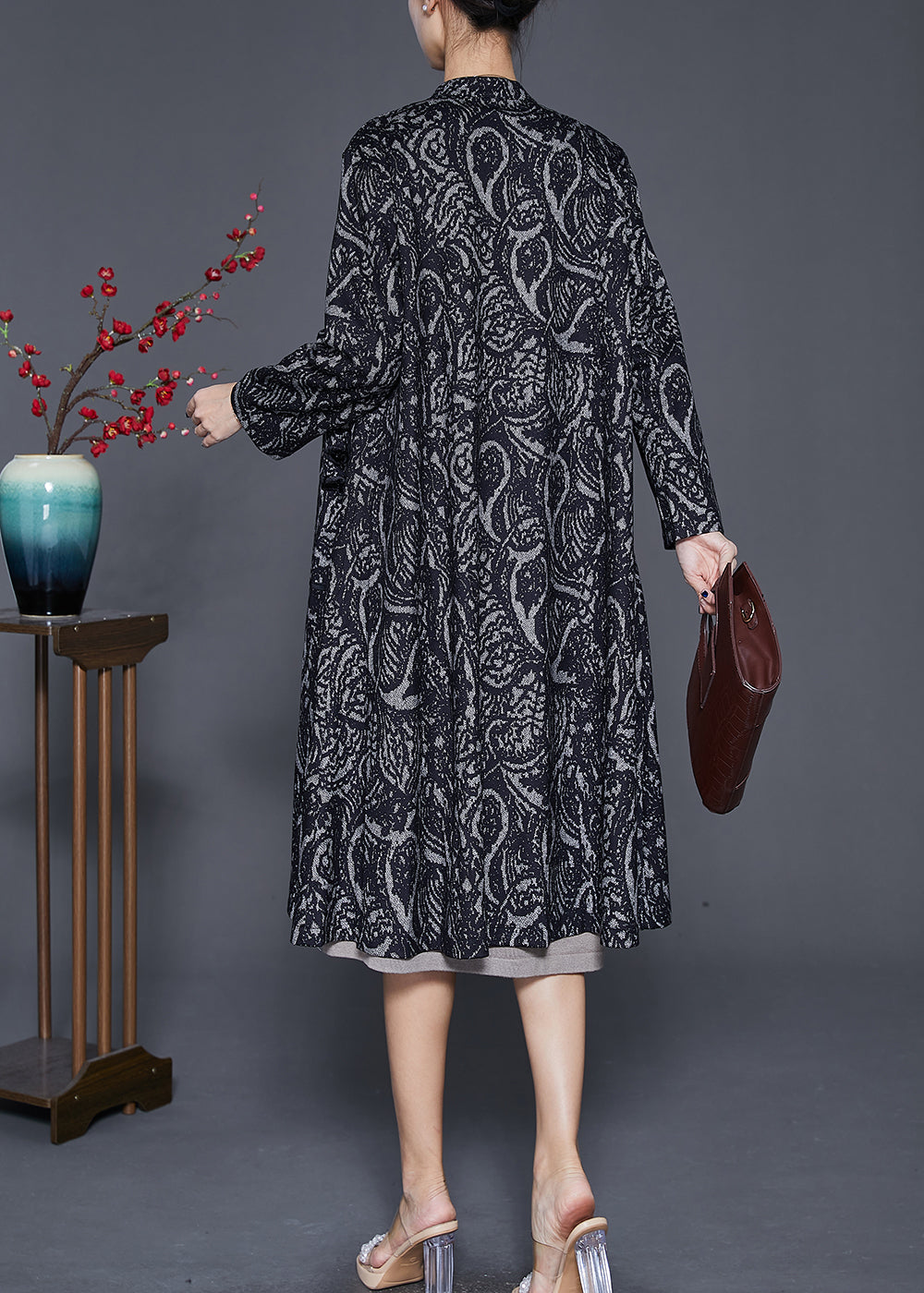 Women Black Oversized Print Cotton Trench Coats Fall