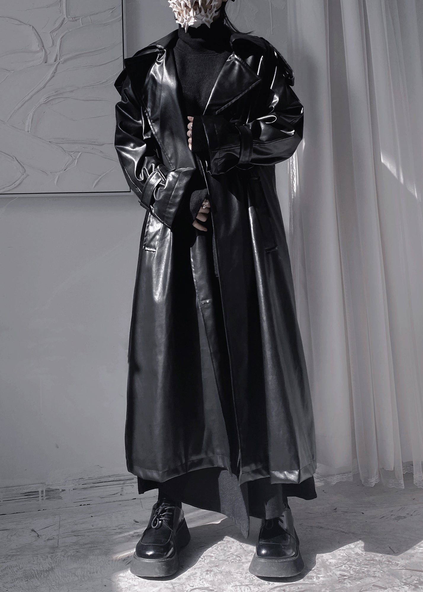 Women Black Peter Pan Colla Patchwork Sashes Faux Leather Long Trench Coats Long Sleeve