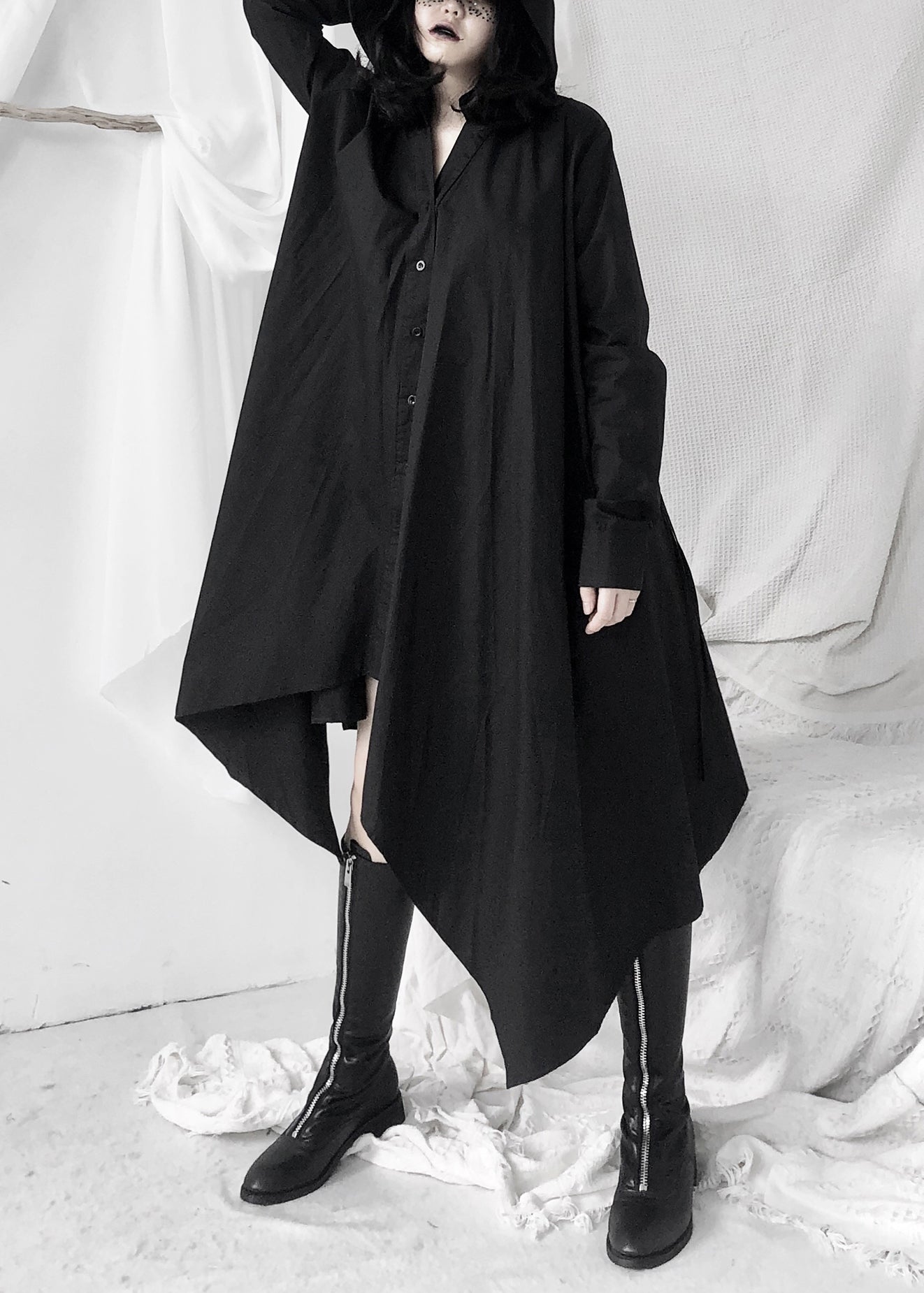 Women Black Peter Pan Collar Asymmetrical Tie Waist Long Shirts Dress Long Sleeve