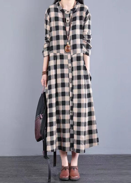 Women Black Plaid Stand Collar Patchwork Cotton Long Dresses Fall