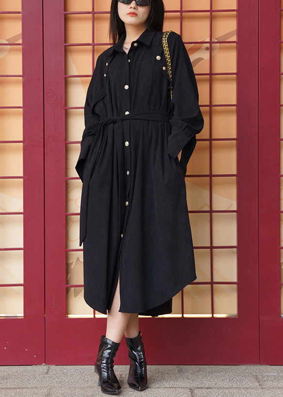 Women Black Pockets Tie Waist Cotton Shirt Dress Long Sleeve