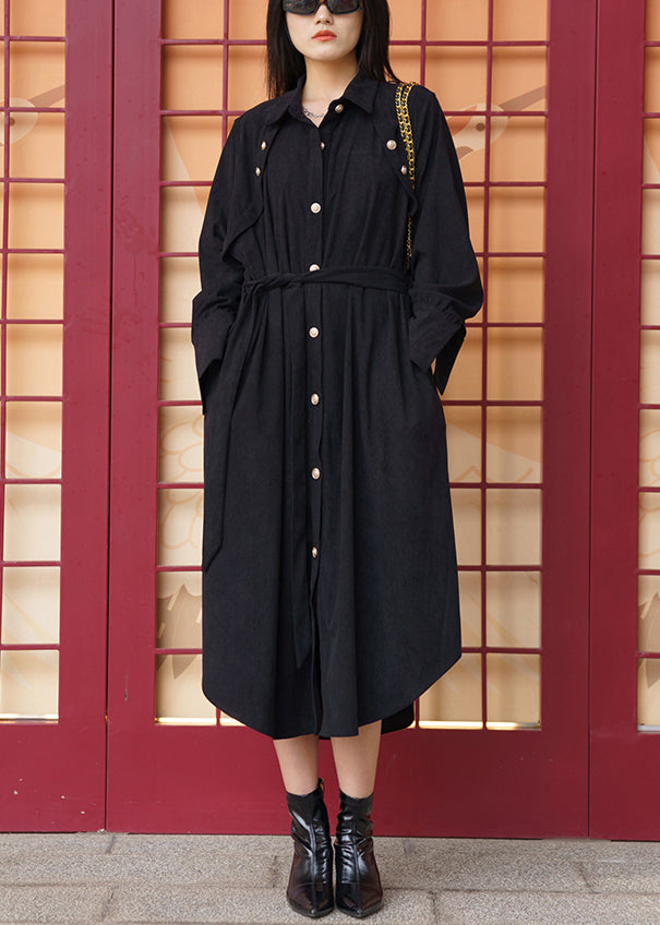 Women Black Pockets Tie Waist Cotton Shirt Dress Long Sleeve