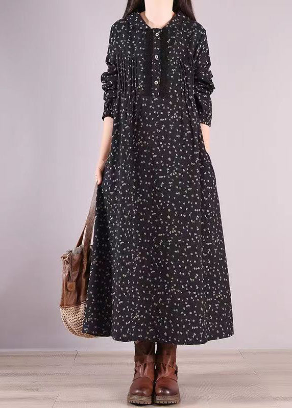 Women Black Print Pockets Wrinkled Patchwork Cotton Long Dresses Fall