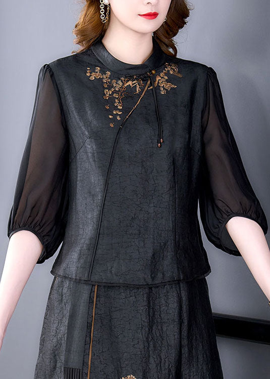 Women Black Tasseled Embroidered Patchwork Silk Top Summer