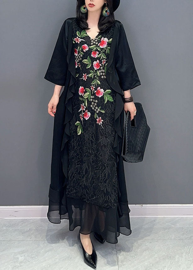 Women Black V Neck Embroidered Patchwork Chiffon Long Dress Summer